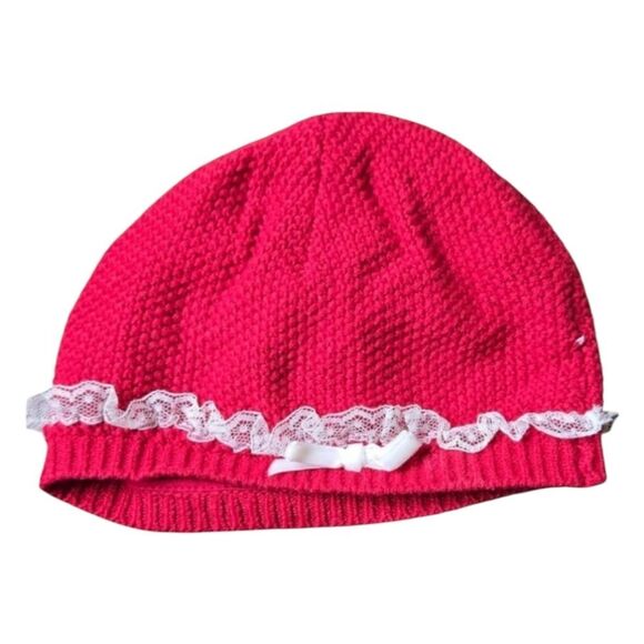 Tahari Baby Red Crochet Knitted Dress Lace Trim Beanie Hat Velvet Bow Infant Cap - Picture 3 of 10